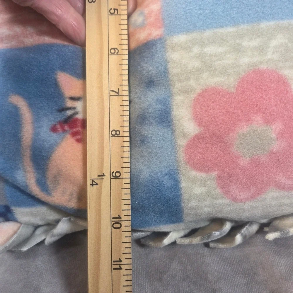 Handmade Fleece Tie Pillow Cat Floral Patchwork Print Blu Peach Decorative 14x11